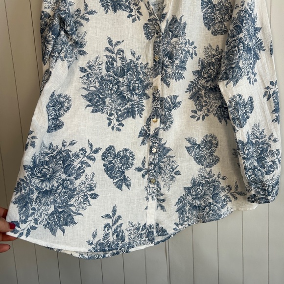 Rachel Zoe size L long sleeve button up shirt 100% linen white blue floral - Picture 5 of 12